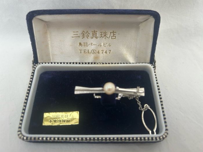 Vintage Japanese Misuzu Genuine Pearl SILVER Tie Clip Bar Boxed Toba Japan