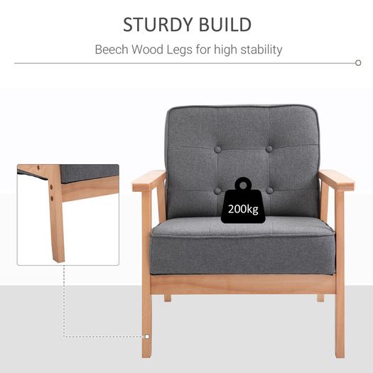 Sitting Chairs for Living Room, Wooden Accent Chair Lounge Armchair Retro Linen Fabric Upholstered w/ Arm Grey