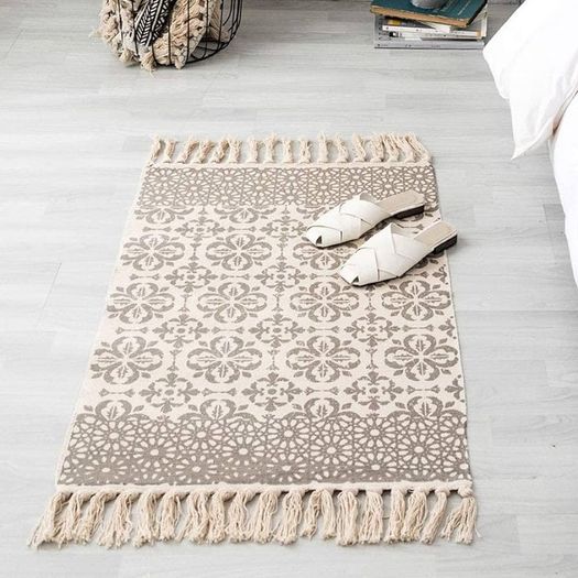 FREE EXPRESS SHIPPING Beige Rug Cotton Area Rug Bedroom Cream Floral Printed Moroccan Rug with Tassel 60x90cm Machine Washable Small Rug Hand Woven Carpet for Living Room, Kitchen,Hallway