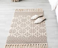FREE EXPRESS SHIPPING Beige Rug Cotton Area Rug Bedroom Cream Floral Printed Moroccan Rug with Tassel 60x90cm Machine Washable Small Rug Hand Woven Carpet for Living Room, Kitchen,Hallway