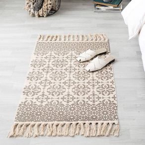 FREE EXPRESS SHIPPING Beige Rug Cotton Area Rug Bedroom Cream Floral Printed Moroccan Rug with Tassel 60x90cm Machine Washable Small Rug Hand Woven Carpet for Living Room, Kitchen,Hallway