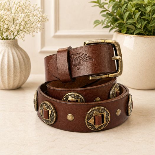 Unisex Genuine Leather Studded Belt Vintage Brown Leather Belt with Antique Brass Rivets & Buckle