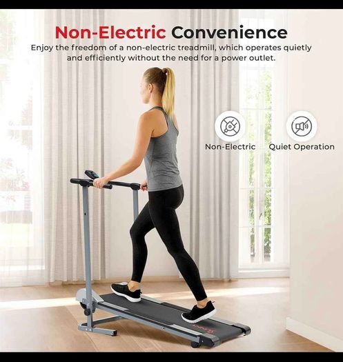 Manual Compact foldable treadmill with transportation wheels for easy portability.   Folded dimension: 20Lx23Wx50h in.