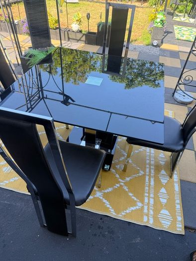Black Glass and chrome dining table and chairs