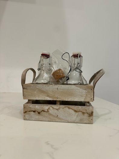 Rustic Wooden Bottle Carrier with 2 Glass Bottles