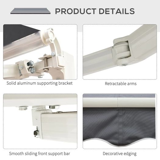 Manual Retractable Patio Awning Shelter UV Protection, 2.5mx2m