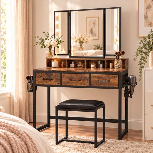 Industrial Dressing Table with Folding Mirror and Stool Vintage Brown Black