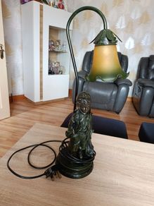Vintage Style Art Nouveau Table Lamp Boy Figurine Floral Glass Shade