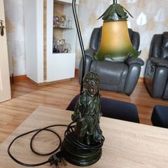 Vintage Style Art Nouveau Table Lamp Boy Figurine Floral Glass Shade