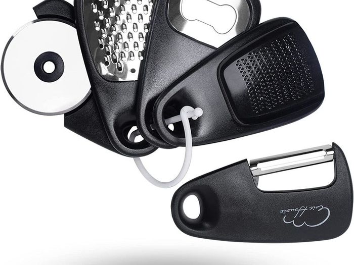 Set of 5 Kitchen Tools, Space Saving Kitchen Accessories Camping Accessories Fruit Vegetable Peeler Cheese Chocolate Rasp Bottle Opener Pizza Cutter Garlic Ginger Gift Set (Black)