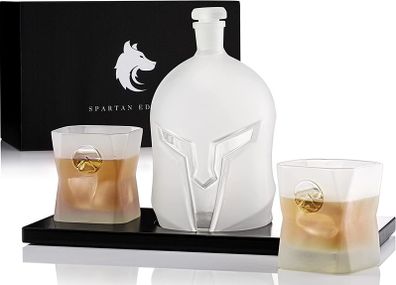 Spartan Edition Decanter Set from Wolf Whiskey - 4-in-1 Whiskey Decanter and Glass Set with Wooden Board | Frosted Decanter and Whisky Glasses, Gifts for Men, Home Bar Accessories | 1400ml