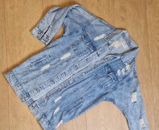 Distressed Long Denim Jacket - 10