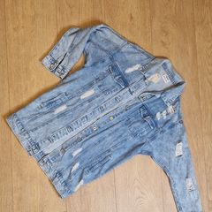 Distressed Long Denim Jacket - 10