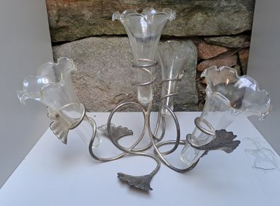 4 branch Silver and glass flower holder