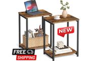 Set of 2 End Tables - Rustic Brown &amp; Steel Side Tables for Small Spaces