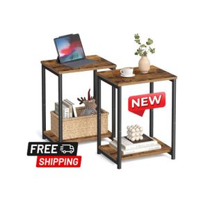 Set of 2 End Tables - Rustic Brown & Steel Side Tables for Small Spaces