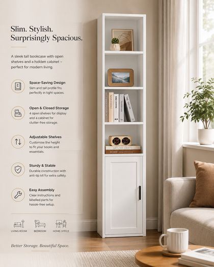 Slim Tall White Bookcase with Cabinet Storage Shelf