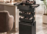 main image for ad 5 in 1 Professional Makeup Train Case Aluminum Cosmetic Case, Rolling Makeup Case Extra Large Trolley Makeup Travel Organizer, with 360 Swivel Wheels &amp; Adjustable Pull Rod, Black