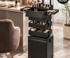 5 in 1 Professional Makeup Train Case Aluminum Cosmetic Case, Rolling Makeup Case Extra Large Trolley Makeup Travel Organizer, with 360 Swivel Wheels & Adjustable Pull Rod, Black