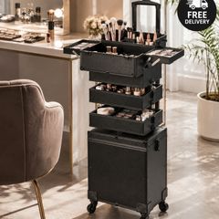 5 in 1 Professional Makeup Train Case Aluminum Cosmetic Case, Rolling Makeup Case Extra Large Trolley Makeup Travel Organizer, with 360 Swivel Wheels & Adjustable Pull Rod, Black