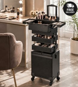 5 in 1 Professional Makeup Train Case Aluminum Cosmetic Case, Rolling Makeup Case Extra Large Trolley Makeup Travel Organizer, with 360 Swivel Wheels & Adjustable Pull Rod, Black