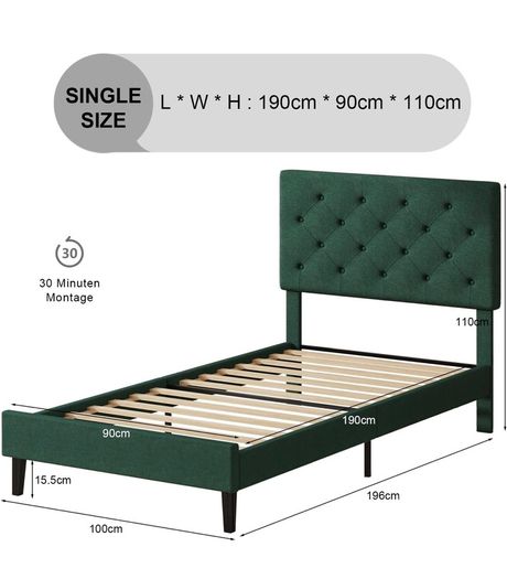 Single Bed Frame with Headboard, 90 X 190, Green Upholstered Bed Frame, Adjustable, Heavy Duty, Easy Assembly, No Box Spring Needed