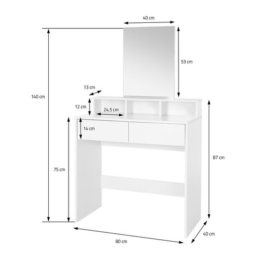 Dressing table with mirror 80x40x140 cm White incl. stool