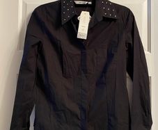 Next NEW cotton black fitted gem/stud-embellished shirt, top, Stretch with Lycra, Size 12, BNWT