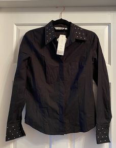Next NEW cotton black fitted gem/stud-embellished shirt, top, Stretch with Lycra, Size 12, BNWT