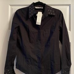 Next NEW cotton black fitted gem/stud-embellished shirt, top, Stretch with Lycra, Size 12, BNWT