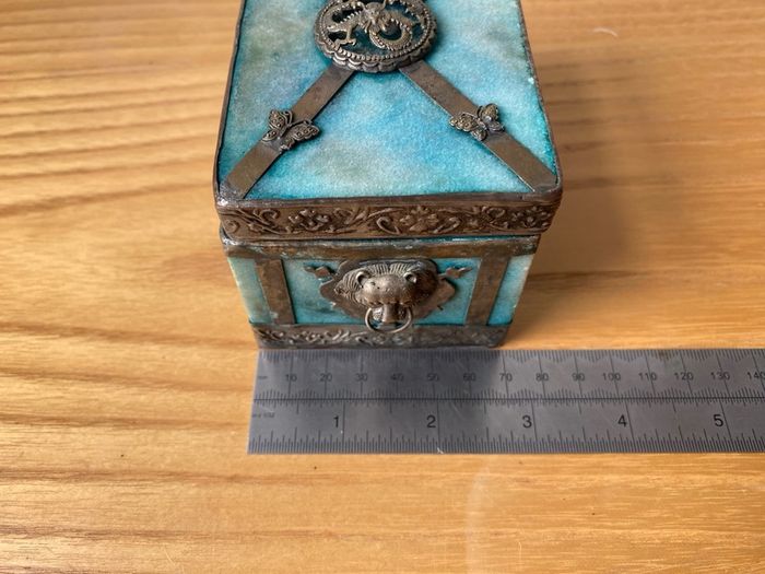 Vintage Chinese Stone Agate? Box with Ornamental Lion Head Dragon Phoenix Butterfly