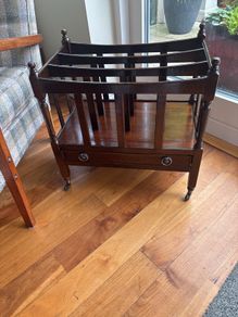 Antique Style Mahogany Canterbury Magazine/ Newspaper/ Vinyl Storage Holder - Stand with a single drawer