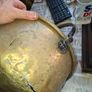 Large Antique Brass Cauldron Jam Pan with Iron Handle and Copper Rivets Image 5
