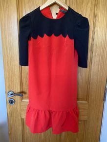 Women's Red and Black Midi Scallop 3/4 Sleeve Dress