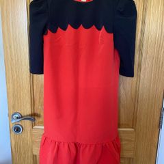 Women's Red and Black Midi Scallop 3/4 Sleeve Dress