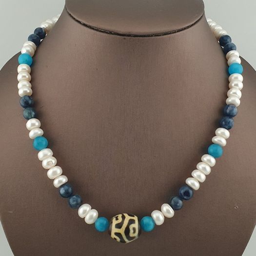 Authentic Fresh Water Pearls & Gemstone Beads With Himalayan Tibetan Dzi Pendant Necklace