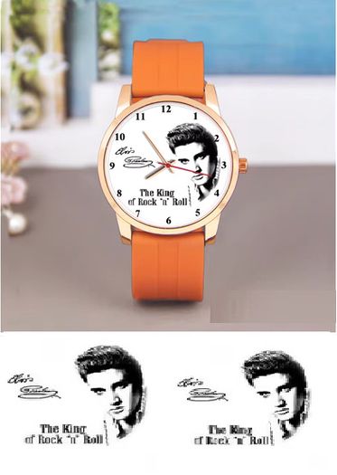 Elvis Presley themed wristwatch with orange strap