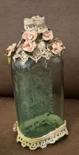 Stunning Vintage Style Altered Art Glass Bottle  Decorative Cross and Floral Detail