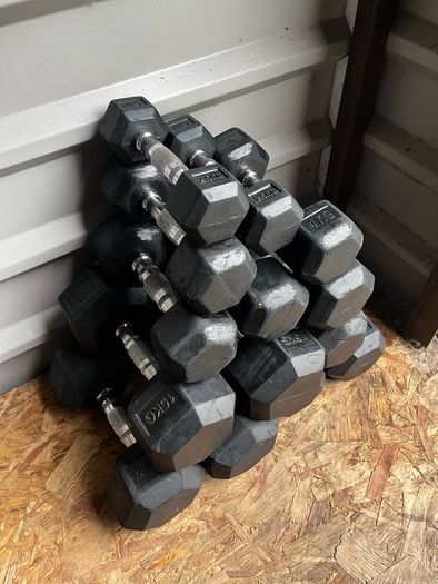 116kg used hex rubber dumbbells