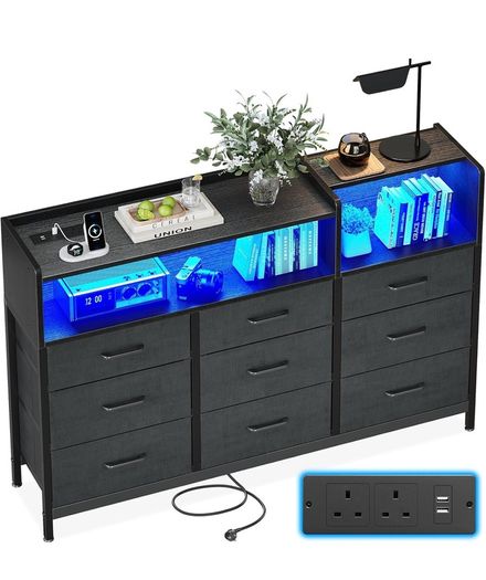 Black Chest of Drawers Bedroom, Dresser Cabinet with 2 Sockets, 2 USB Ports and 10 Colored LED Strips