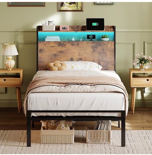 3ft Single Bed Frame with Storage Wooden Headboard, 90x190cm LED Light & Charging Station, Platform Metal Bed Frame Single, with Underbed Storage, Strong Metal Slat Support