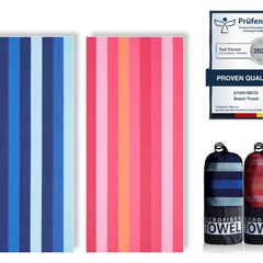 Microfibre Beach Towels for Adults 200x90cm 2 Pack Extra Large Beach Towels in Gift Boxed, 250 GSM, Sand Free, Lightweight & Quick Dry Beach Towel for Swim, Travel and Gym(Pink Stripe & Blue Stripe)