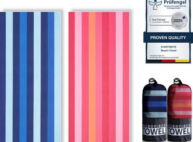 Microfibre Beach Towels for Adults 200x90cm 2 Pack Extra Large Beach Towels in Gift Boxed, 250 GSM, Sand Free, Lightweight & Quick Dry Beach Towel for Swim, Travel and Gym(Pink Stripe & Blue Stripe)