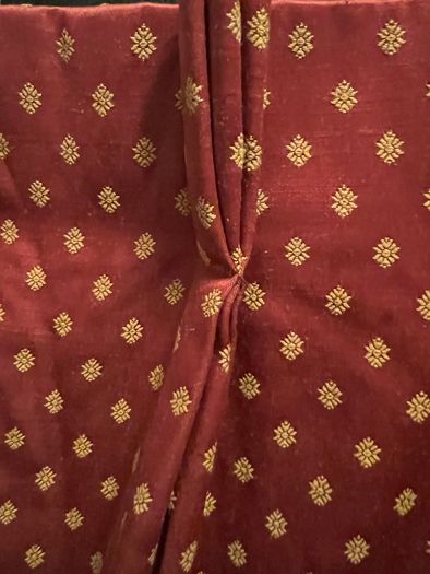 Stunning set of bespoke floor length maroon brocade curtains with gold "butti" motif