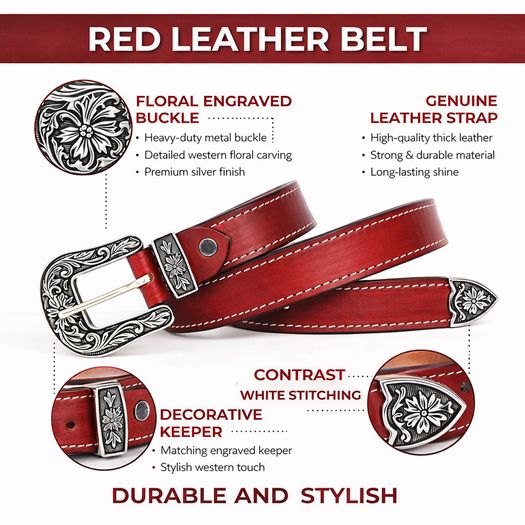Unisex Premium Red Genuine Leather Belt Vintage Engraved Silver Buckle