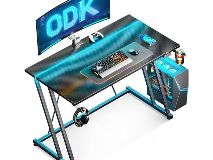 Gaming Desk with LED Lights, Gaming Table with Cup Holder and Headphone Hook, Double Z Frame Design Computer Desk, Carbon Fiber Black 100 cm