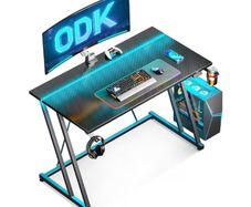 Gaming Desk with LED Lights, Gaming Table with Cup Holder and Headphone Hook, Double Z Frame Design Computer Desk, Carbon Fiber Black 100 cm