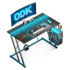 Gaming Desk with LED Lights, Gaming Table with Cup Holder and Headphone Hook, Double Z Frame Design Computer Desk, Carbon Fiber Black 100 cm