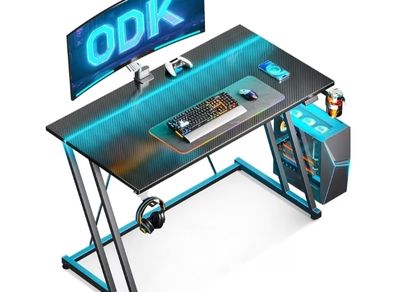 Gaming Desk with LED Lights, Gaming Table with Cup Holder and Headphone Hook, Double Z Frame Design Computer Desk, Carbon Fiber Black 100 cm