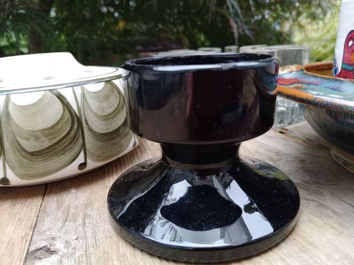 Black glass candlestick, mid century candle holder